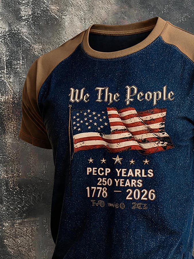 Men Vintage We The People American Flag 250th Anniversary 1776-2026 Raglan Short Sleeve T-Shirt Washed Denim Texture Patriotic Casual Top