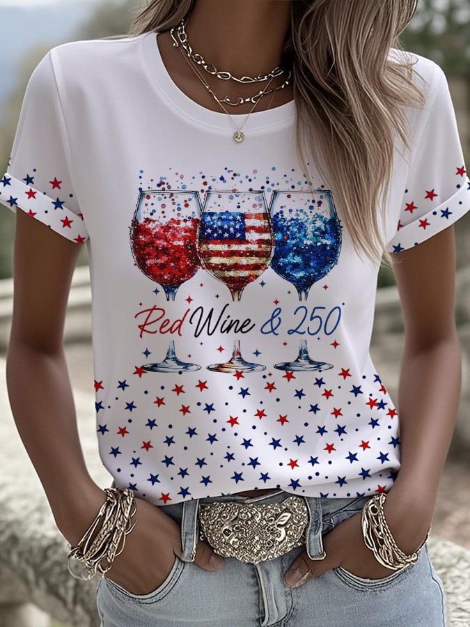 Women's Red Wine & 250 Years Of Freedom Print Casual T-shirt