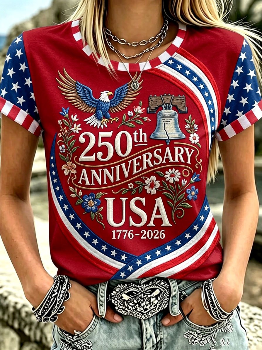 Women's U.S. 250th Anniversary Commemorative Printed Casual V-Neck Top