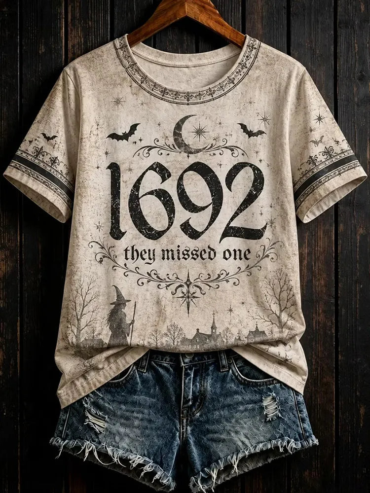 Halloween 1692 They Missed One Slogan Graphic Print Short Sleeve Top