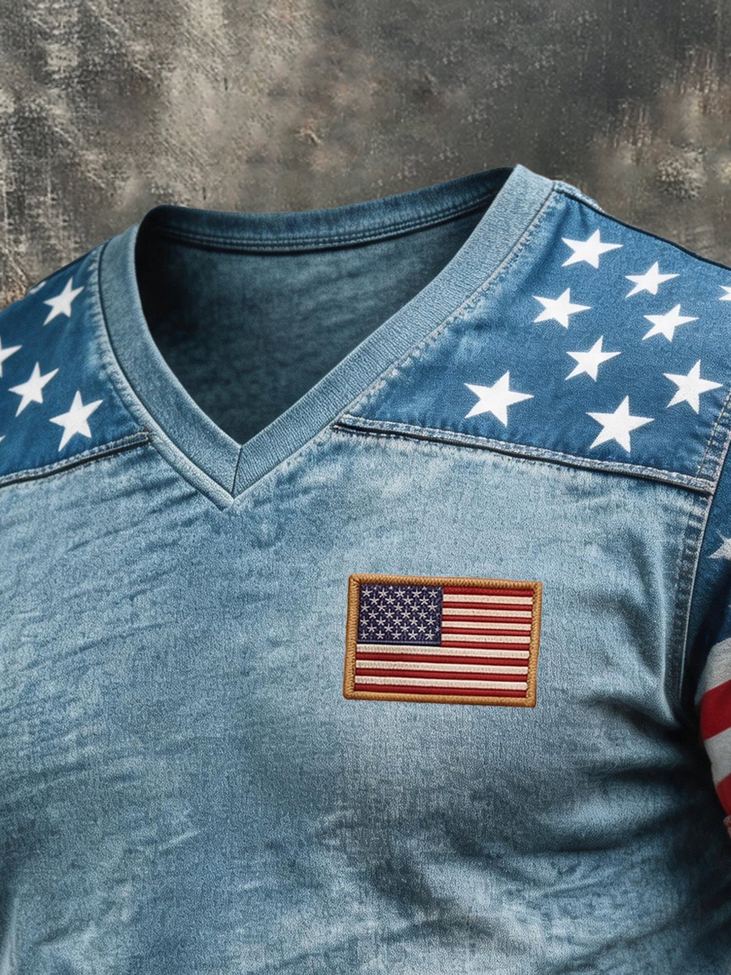 Men's Retro Patriotic Color-Block V-Neck Short-Sleeve T-Shirt
