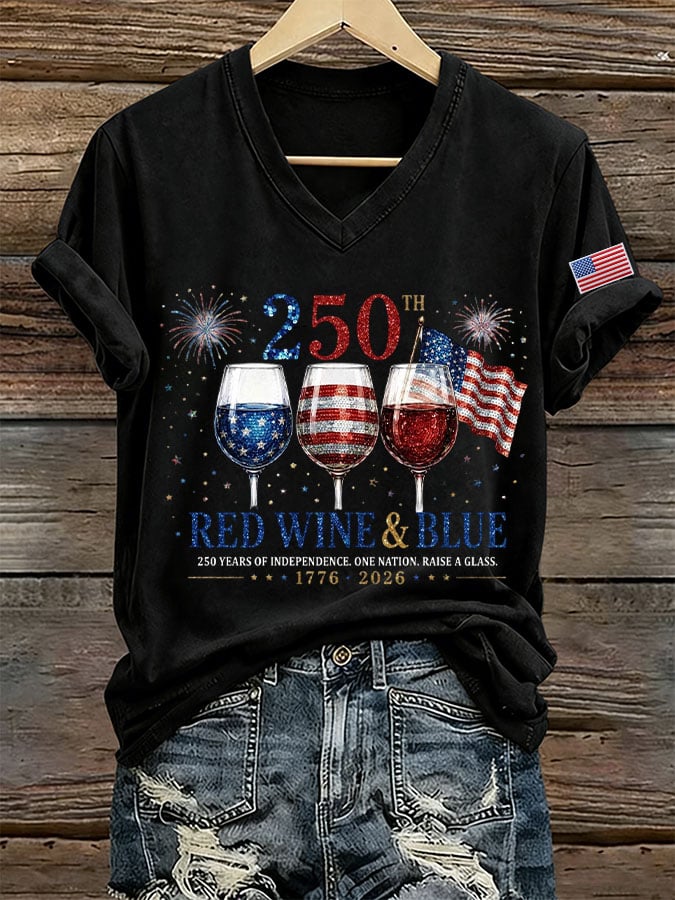 Women's Red Wine & 250 Years Of Freedom Print Casual T-shirt