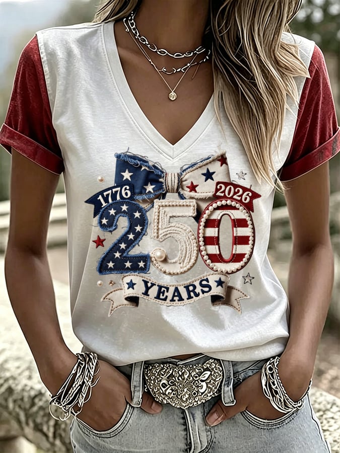 Women's USA 250th Anniversary Print V Neck T-shirt