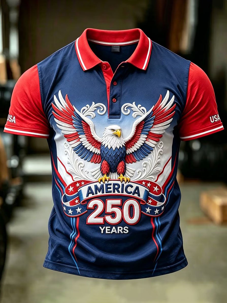Men's Casual Artistic American 250th Anniversary Flag Print Polo Shirt