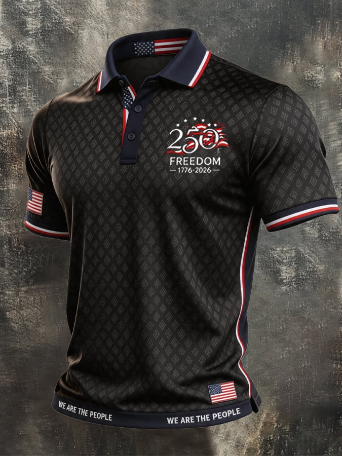 Men's Retro Patriotic Color-Block Short-Sleeve Polo Shirt