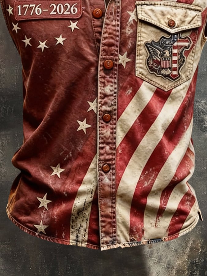 Men's Retro Patriotic Color-Block Printed Sleeveless Shirt