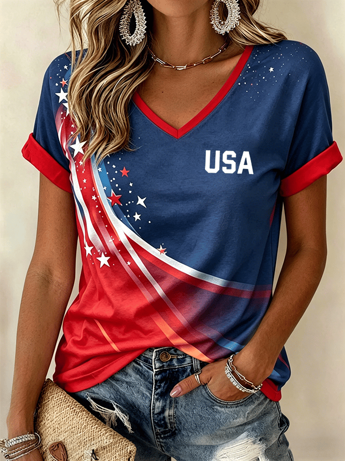 American Patriotic Art Gradient Design Pattern Women's V-Neck T-Shirt