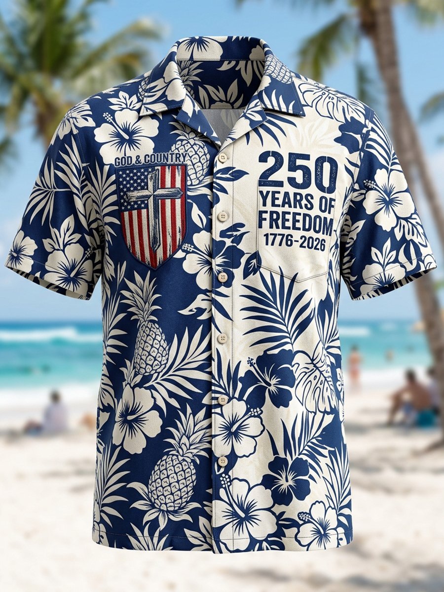 Men's Vacation American Flag Art Linen Short-Sleeve Shirt