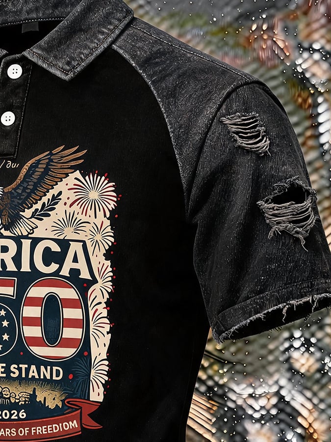 Men's America 250 Bald Eagle Distressed Ripped Raglan Polo Shirt Denim Collar Patriotic Short Sleeve Top 1776-2026