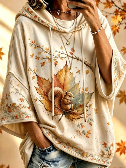 Women's Cute Squirrel Fall In Maple Leaf Print Half Sleeve Casual Hoodie