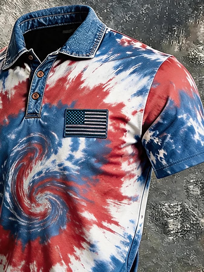 USA Flag Patch Tie Dye Swirl Patriotic Polo Shirt Denim Collar Red White Blue Short Sleeve Casual Tee