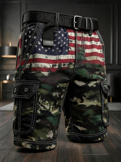 Men's Retro Color-Block Distressed Patriotic Cargo Shorts with Pockets (Belt Not Included)