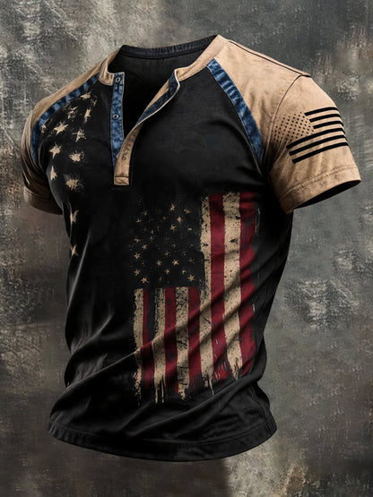 Men's Retro Patriotic Color-Block Short-Sleeve Henley T-Shirt