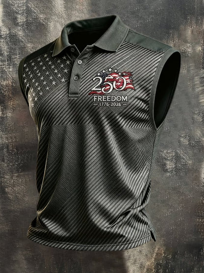 Men's Vintage Independence Day Patriotic Sleeveless Polo Vest