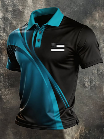 Men's Retro Patriotic Color-Block Short-Sleeve Polo Shirt