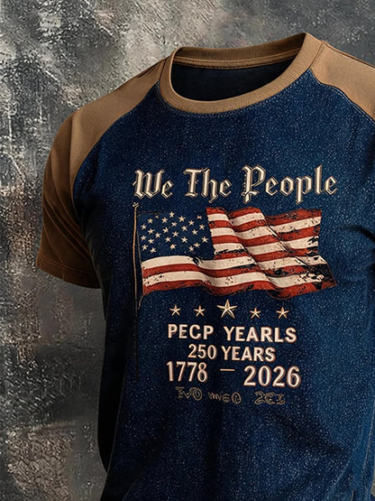 Men Vintage We The People American Flag 250th Anniversary 1776-2026 Raglan Short Sleeve T-Shirt Washed Denim Texture Patriotic Casual Top