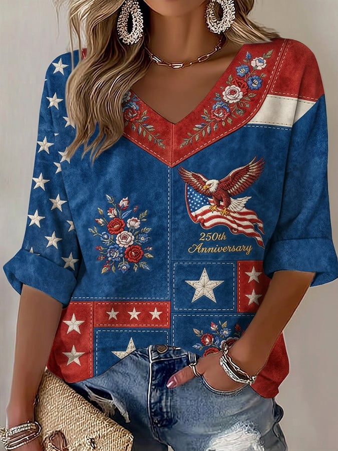 Vintage American Flag Eagle Embroidery Casual Shirt