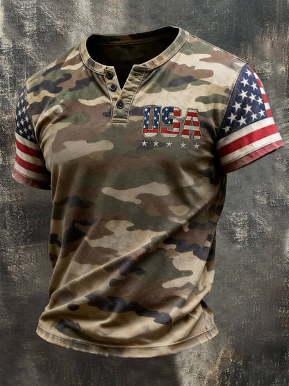 Men's Vintage Independence Day Patriot Henley T-Shirt