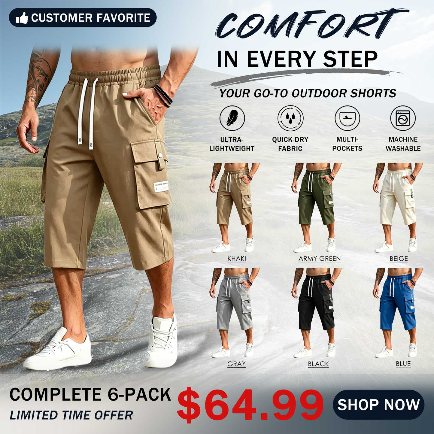 Men’s Cargo Shorts Drawstring Waist Multi-Pocket Casual Shorts