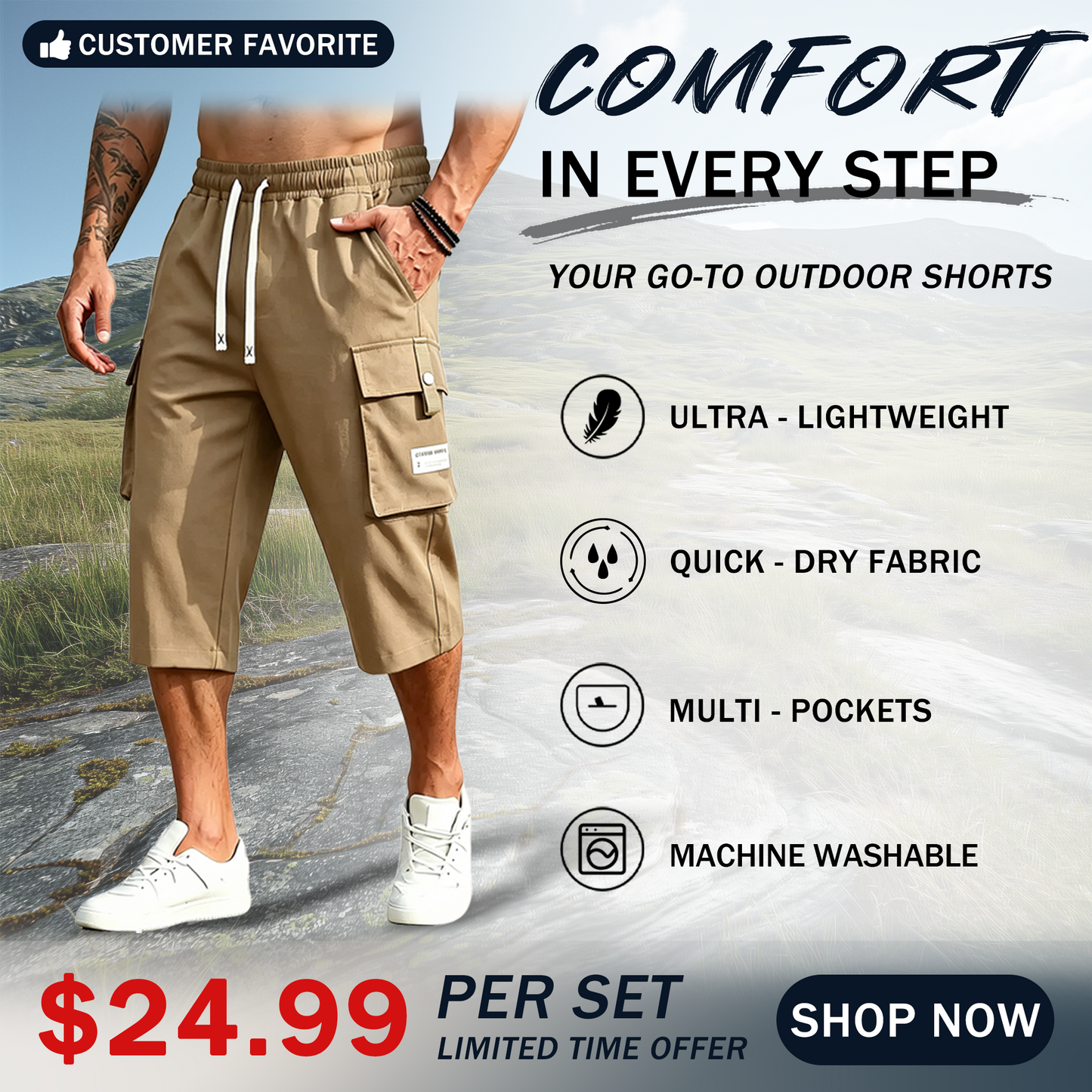 Men’s Cargo Shorts Drawstring Waist Multi-Pocket Casual Shorts