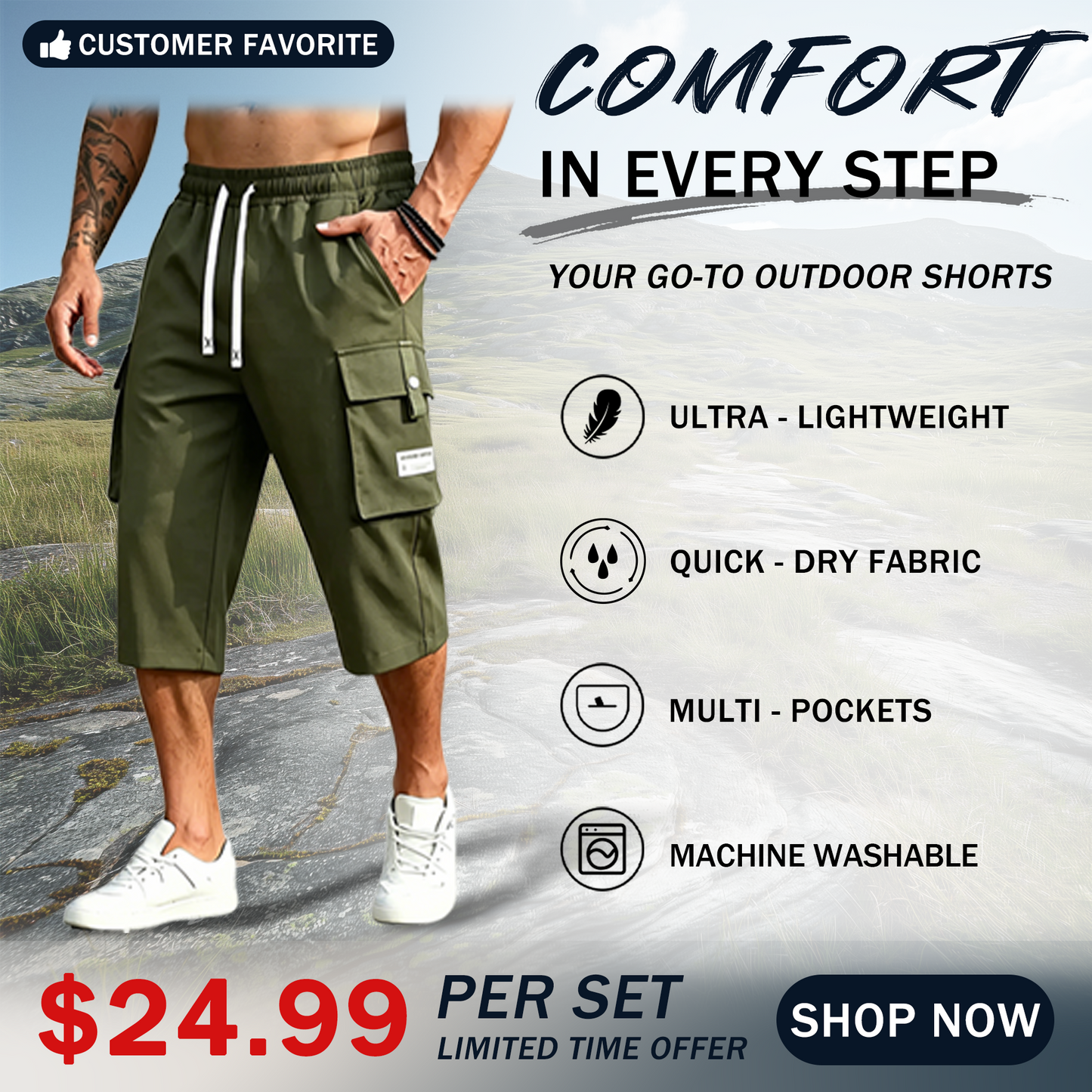 Men’s Cargo Shorts Drawstring Waist Multi-Pocket Casual Shorts