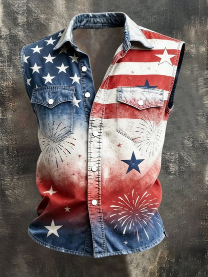 Men's Retro Patriotic Color-Block Printed Sleeveless Shirt