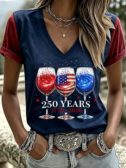 Women's USA 250th Anniversary Print V Neck T-shirt
