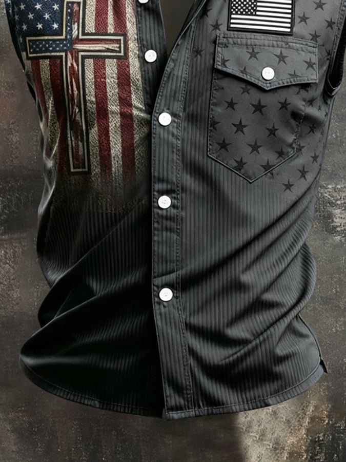 Men's Retro Patriotic Color-Block Printed Sleeveless Shirt