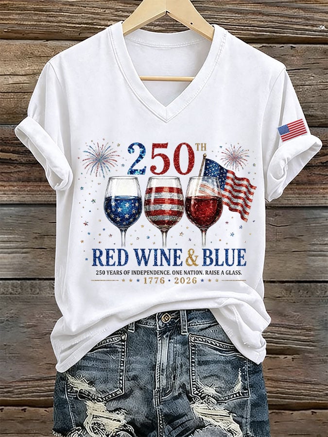 Women's Red Wine & 250 Years Of Freedom Print Casual T-shirt