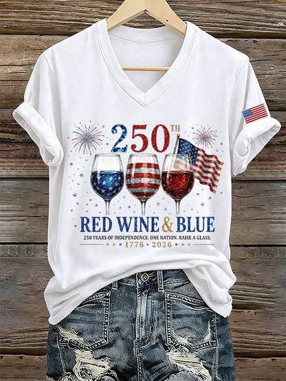 Women's Red Wine & 250 Years Of Freedom Print Casual T-shirt