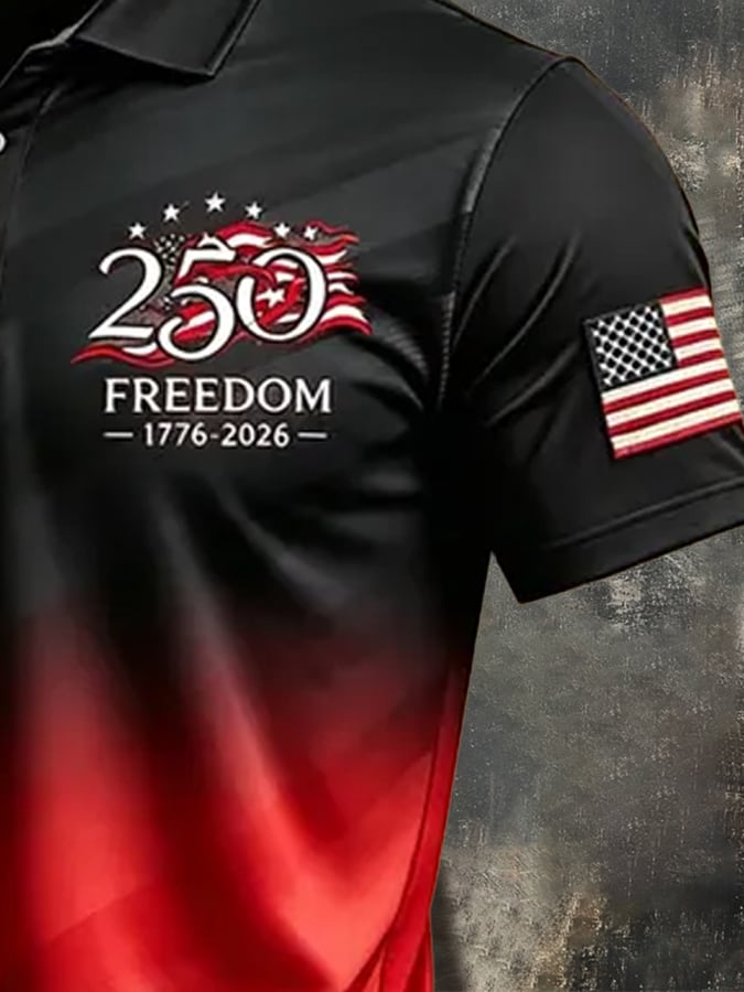 Men's Retro Patriotic Color-Block Short-Sleeve Polo Shirt