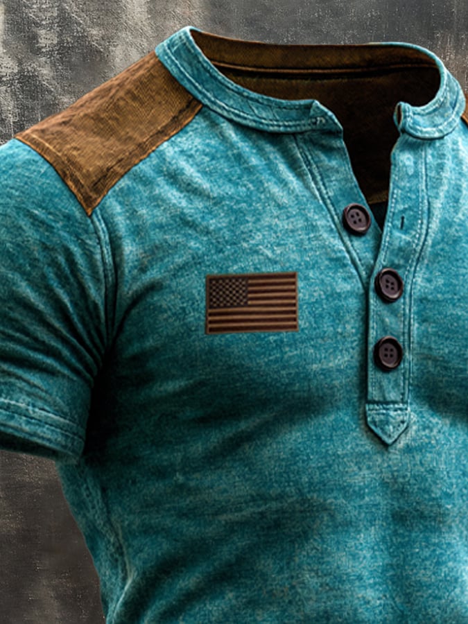 Men's Retro Patriotic Color-Block Short-Sleeve Henley T-Shirt