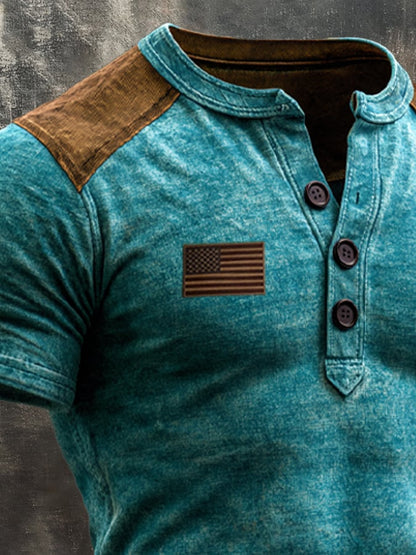 Men's Retro Patriotic Color-Block Short-Sleeve Henley T-Shirt