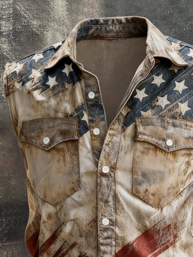 Men's Retro Patriotic Color-Block Printed Sleeveless Shirt