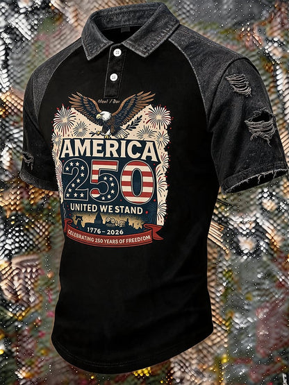 Men's America 250 Bald Eagle Distressed Ripped Raglan Polo Shirt Denim Collar Patriotic Short Sleeve Top 1776-2026