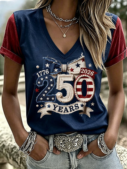 Women's USA 250th Anniversary Print V Neck T-shirt