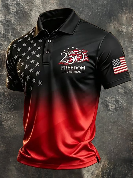 Men's Retro Patriotic Color-Block Short-Sleeve Polo Shirt