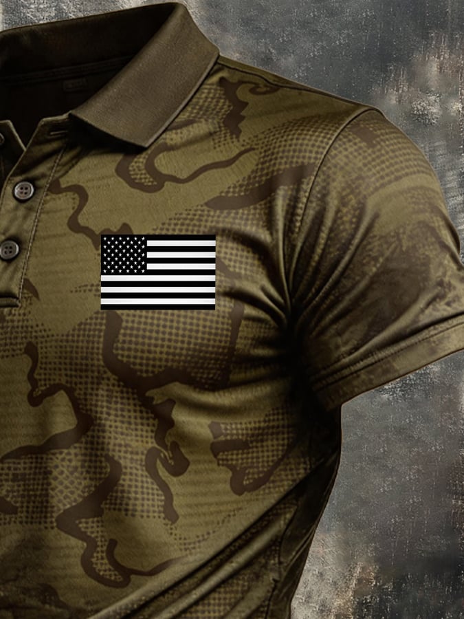 Men's Retro Patriotic Color-Block Short-Sleeve Polo Shirt