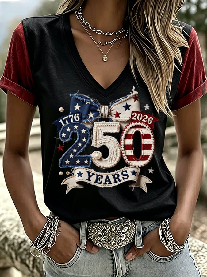 Women's USA 250th Anniversary Print V Neck T-shirt