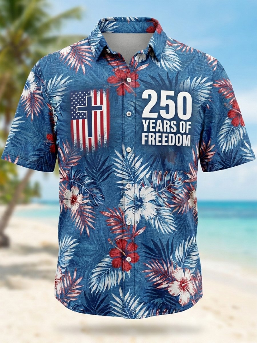 Men's Vacation American Flag Art Linen Short-Sleeve Shirt