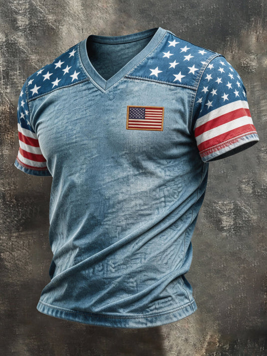 Men's Retro Patriotic Color-Block V-Neck Short-Sleeve T-Shirt