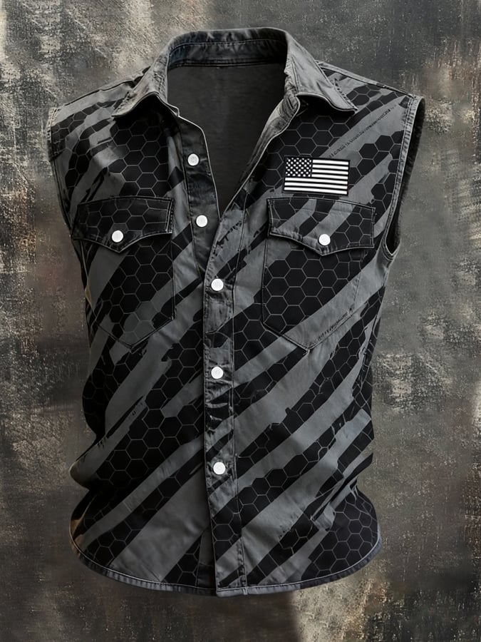 Men's Retro Patriotic Color-Block Printed Sleeveless Shirt