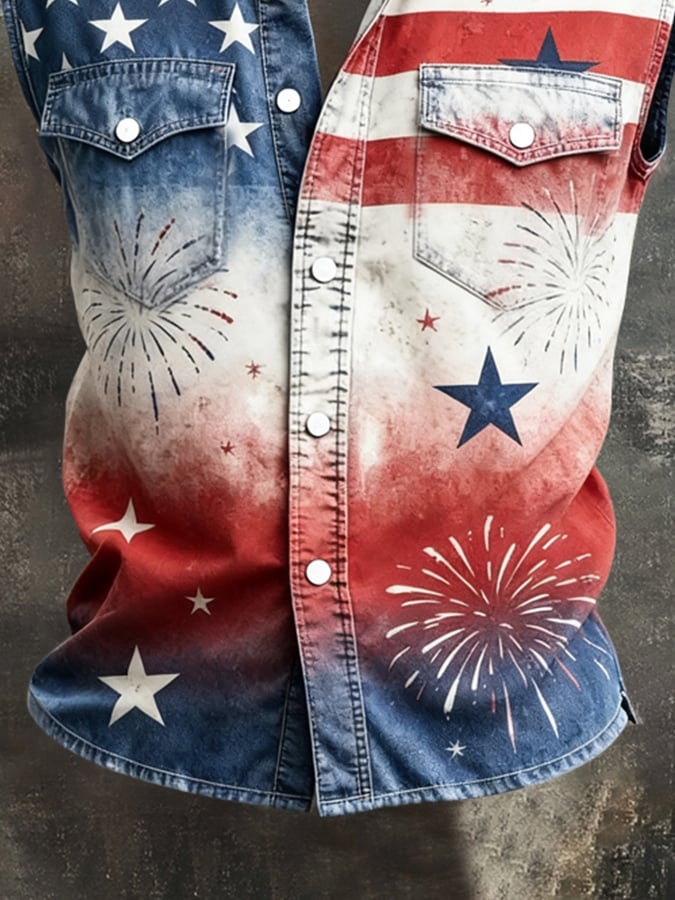 Men's Retro Patriotic Color-Block Printed Sleeveless Shirt