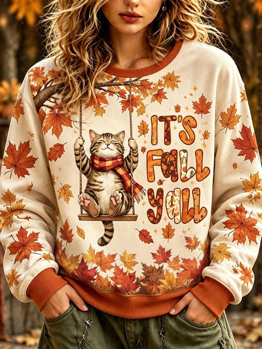 Women's Cat And Maple Leaf Print Sweatshirt