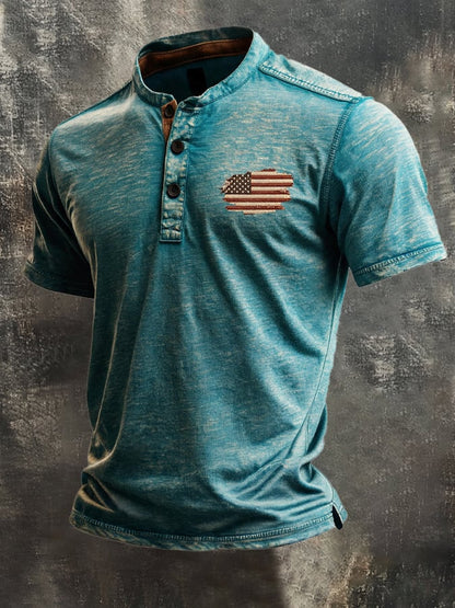 Men's Retro Patriotic Color-Block Short-Sleeve Henley T-Shirt