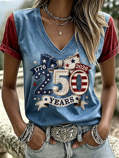 Women's USA 250th Anniversary Print V Neck T-shirt