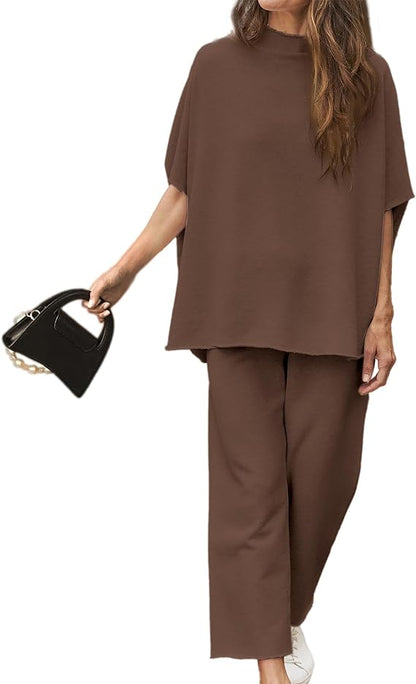 Women's Casual Batwing Sleeve Pullover Top and Wide Leg Set