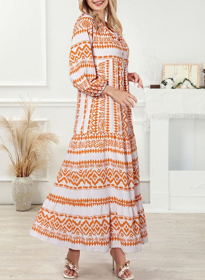Women's Puff Sleeve Floral Boho Maxi Dress