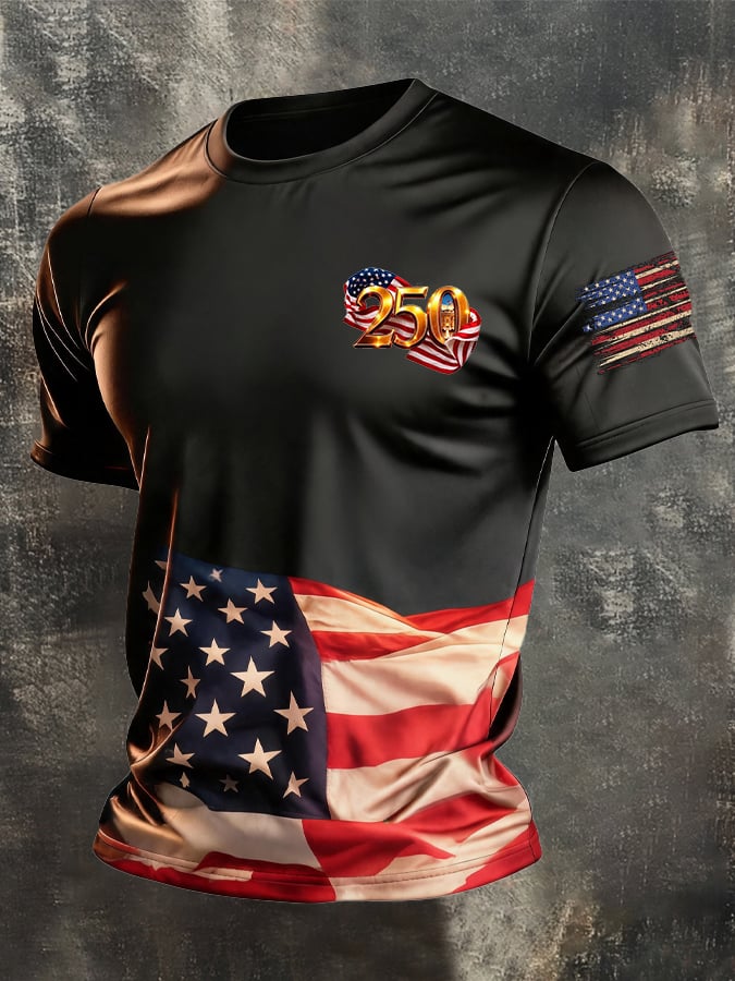 Men's Retro Patriotic Color-Block Crew Neck Short-Sleeve T-Shirt