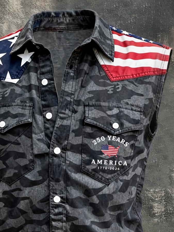 Men's Retro Patriotic Color-Block Printed Sleeveless Shirt